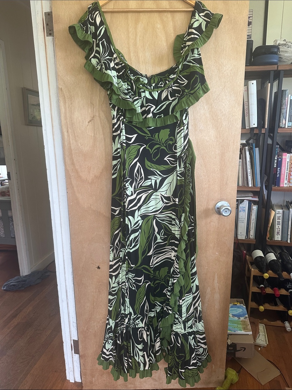 Green Botanical Ruffle Maxi Dress with Floral Print